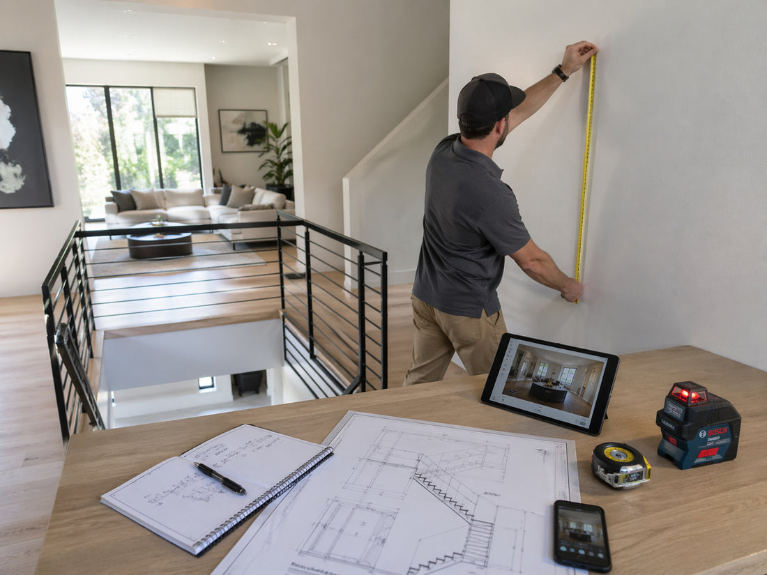 Contractor measuring a stair opening with project drawings, site photos, and planning tools in a modern residential interior