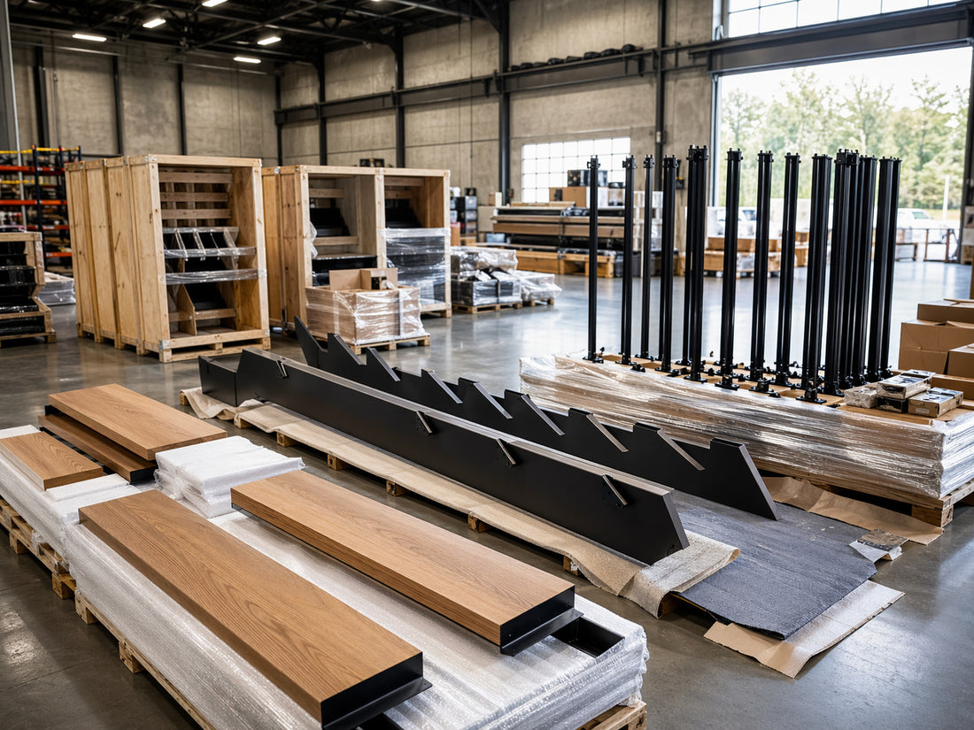 Factory workspace with custom floating stair steel stringers, wood treads, railing posts, and packaged components ready for shipping