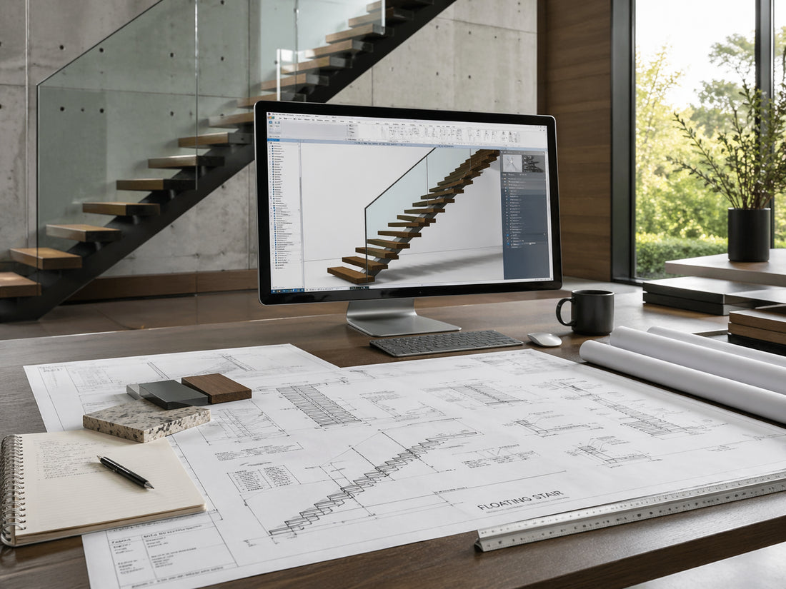Architectural workspace with floating stair shop drawings, material samples, and a computer model for design and quote review