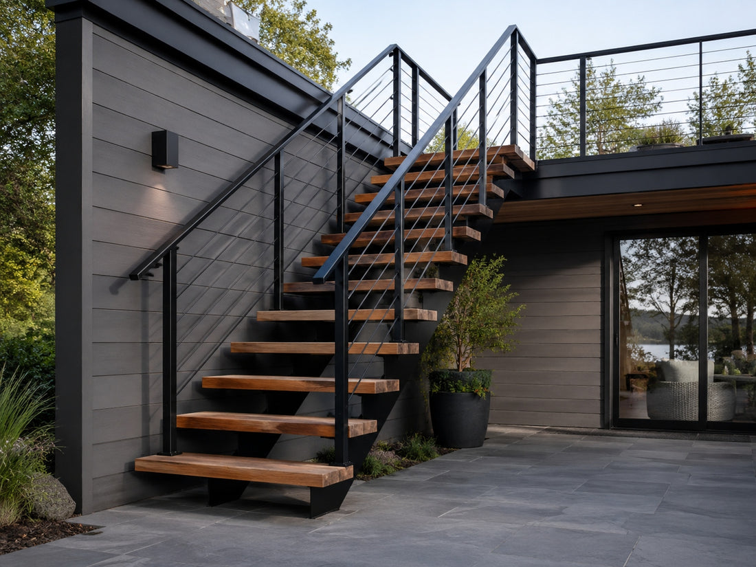 Exterior floating stairs with wood or weather-ready treads, black steel support, and modern railing outside a home.