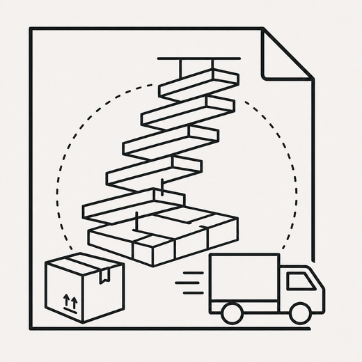 Icon showing floating stair fabrication and delivery process