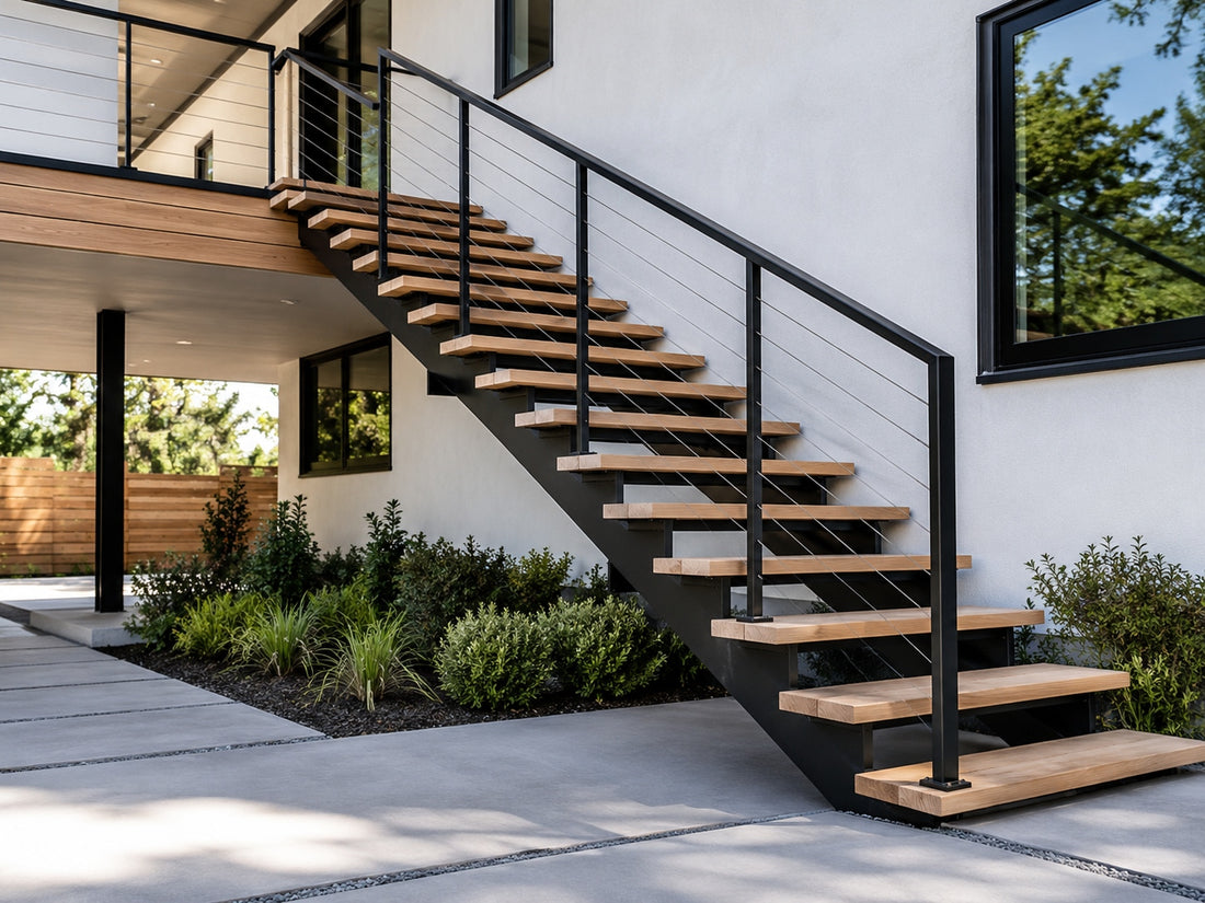 Floating deck stairs with black steel support, open risers, modern railing, and exterior residential access.