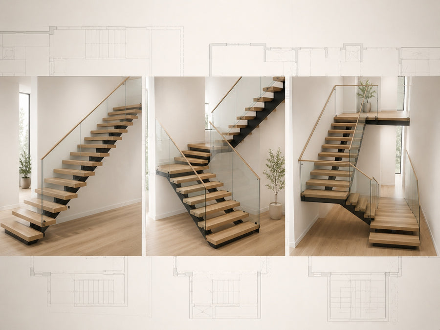 Floating stair layout ideas showing straight, L-shaped, and U-shaped floating stairs with wood treads and black steel supports.