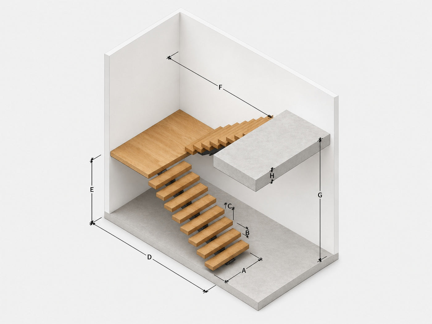Structural support diagram showing steel stringer, tread support, railing, and connection points for custom floating stairs.
