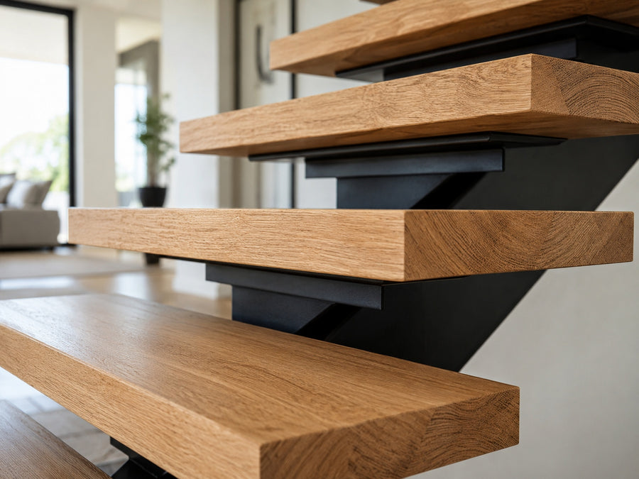 Close-up of white oak floating stair treads with natural wood grain, clean edges, and black steel support.