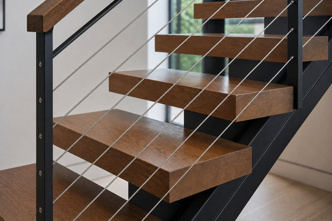 Floating stairs with cable railing, wood treads, open risers, and black steel support in a modern residential interior.