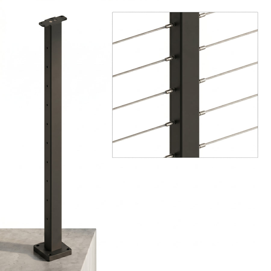 Floating stairs with cable railing, wood treads, and black steel support in a modern interior.