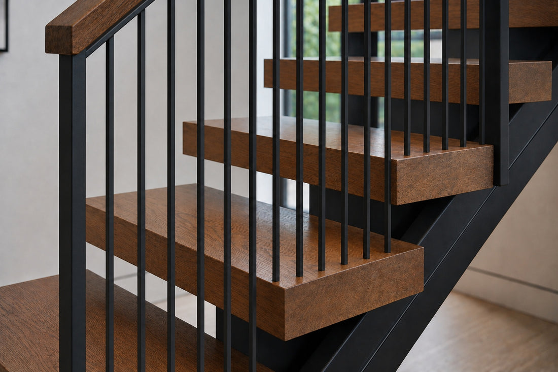 Floating stairs with minimal black metal railing, wood treads, open risers, and black steel support in a modern home.