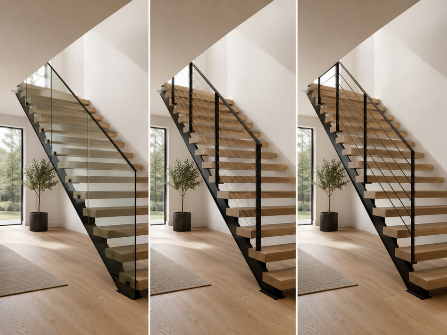 Floating stairs railing options showing glass railing, cable railing, and minimal metal railing with wood treads.
