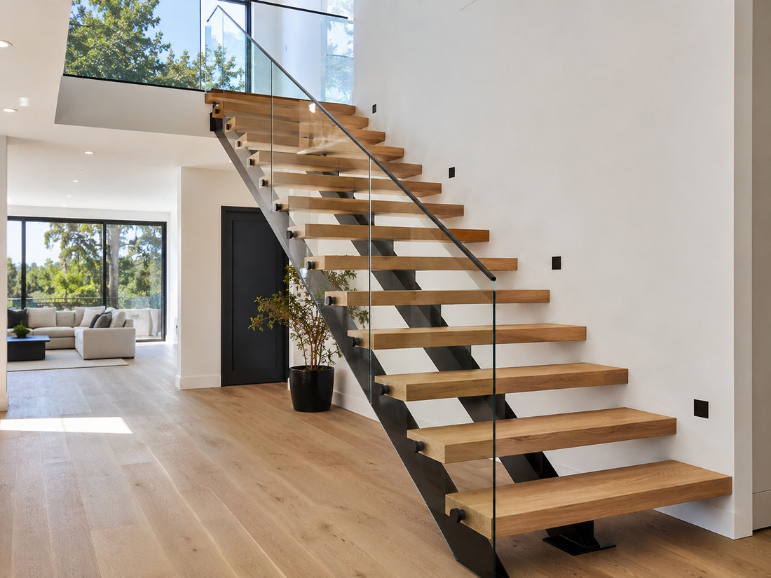 Interior floating stairs with wood treads, open risers, black steel support, and glass railing in a bright modern home.