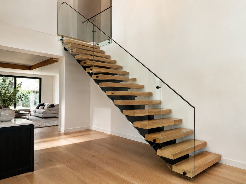 Modern floating stair project with wood treads, black steel stringer, and clear glass railing in a residential interior.
