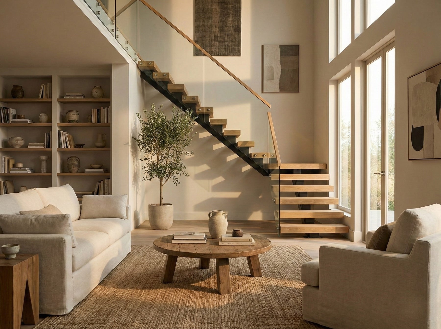 Custom floating staircase in a bright modern residential interior with wood treads, black mono stringer, and glass railing