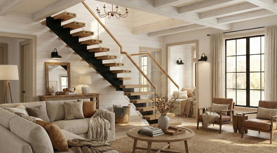 Mono stringer floating stairs with wood treads and a central black steel support in a modern home.