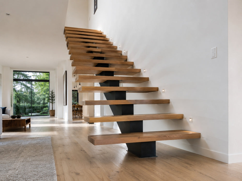 Mono stringer floating stairs with open risers and wood treads in a bright modern residential space.