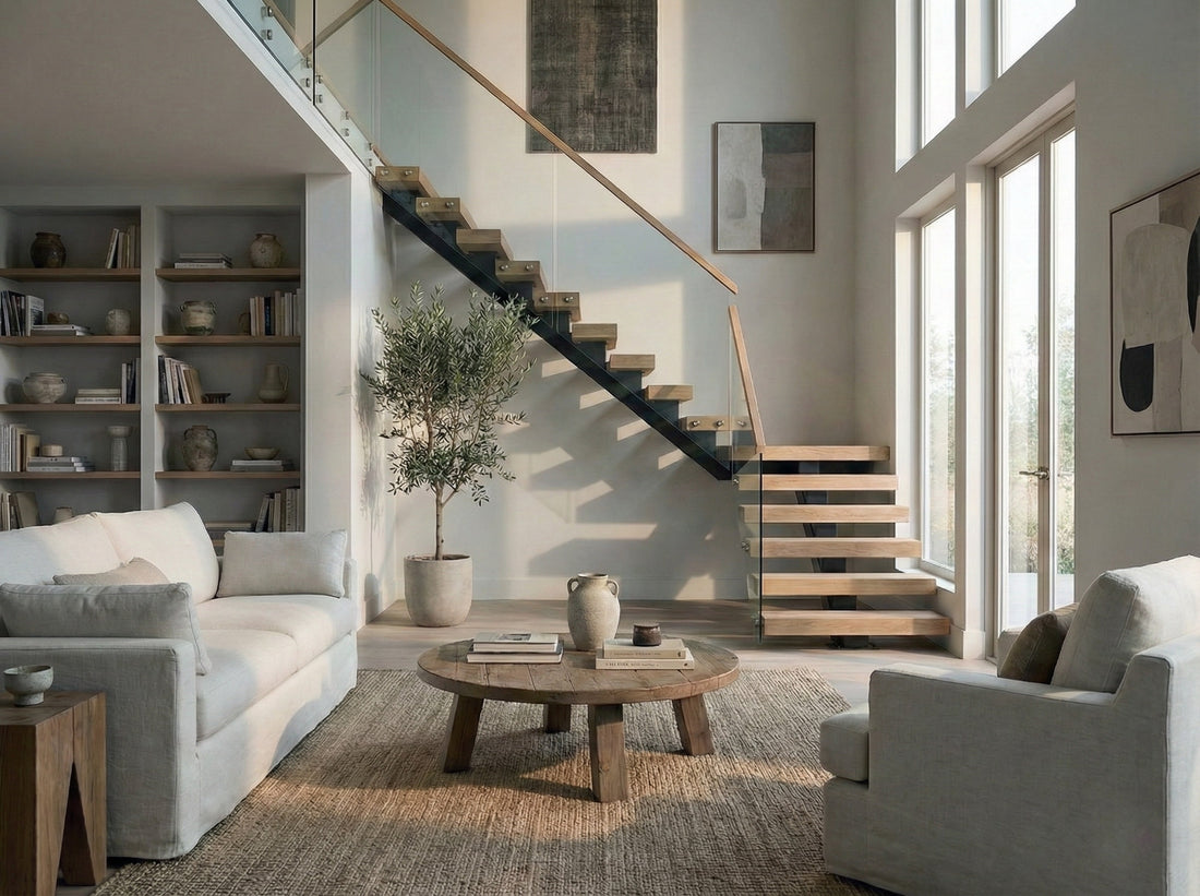 Mono stringer floating stairs with wood treads, open risers, and a matte black central steel support.