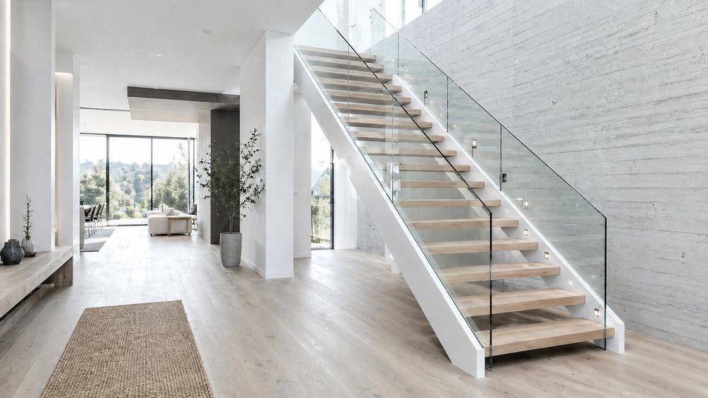 Natural wood floating stair treads with warm grain, clean edges, and a refined modern finish.