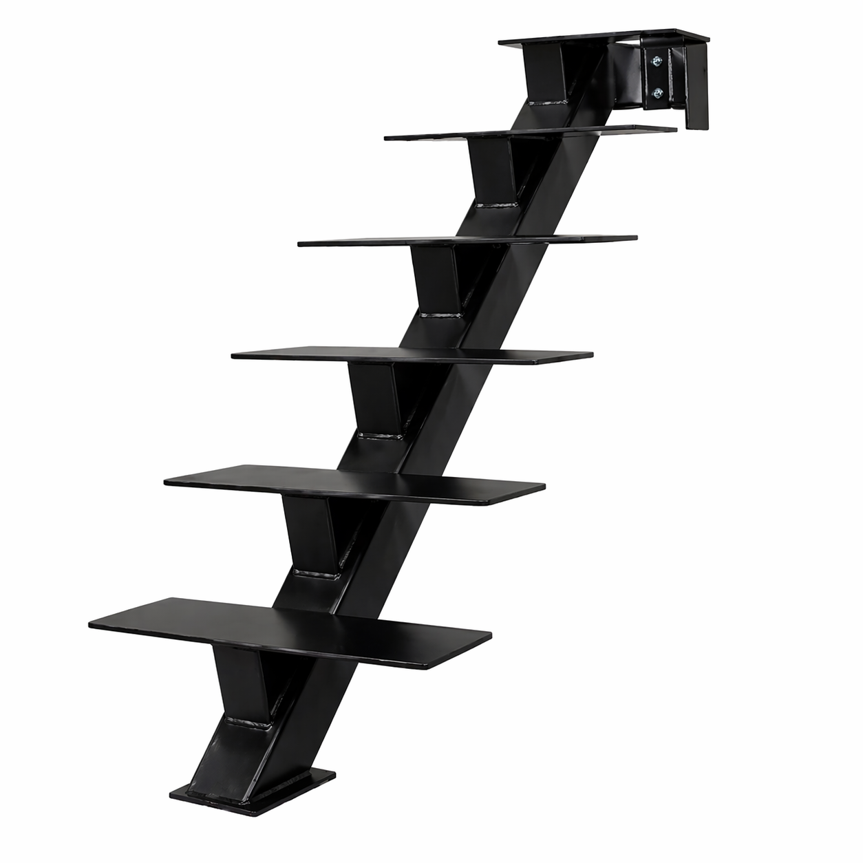 Custom steel stair stringer supporting wood treads for a modern floating stair system