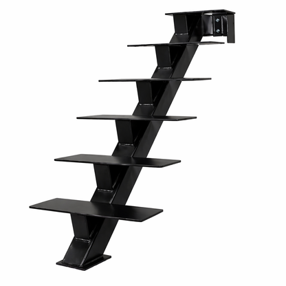 Custom steel stair stringer supporting wood treads for a modern floating stair system
