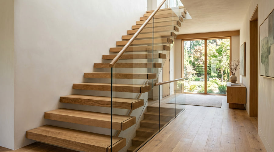 Wall-supported floating stairs with wood treads and concealed side support in a modern interior.
